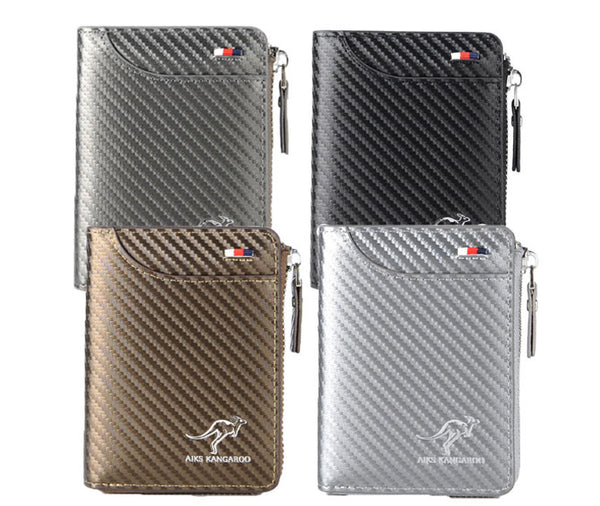 Men's RFID Blocking Carbon Fiber Wallet with Zipper Multi  Credit Card Holder Wallet Anti-Degaussing Anti-Theft Brush