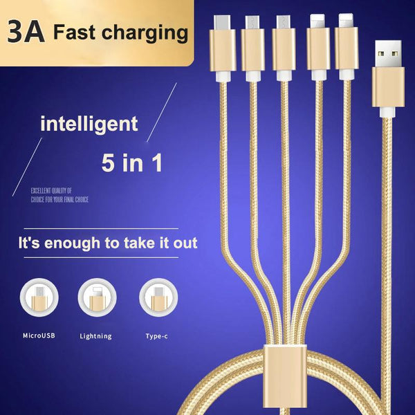 5 in 1 3A Fast Charge Android Apple Type-C Data Cable Multifunctional  Braided Charging Cable