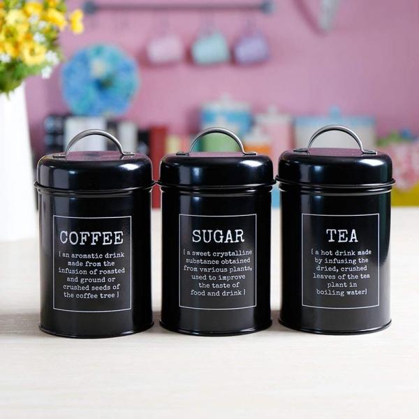 1 Set of 3 Metal Food Storage Tin Coffee Tea Sugar Canister Jar with Lid Black