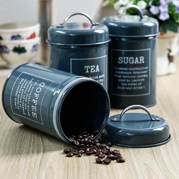 1 Set of 3 Metal Food Storage Tin Coffee Tea Sugar Canister Jar with Lid Gray