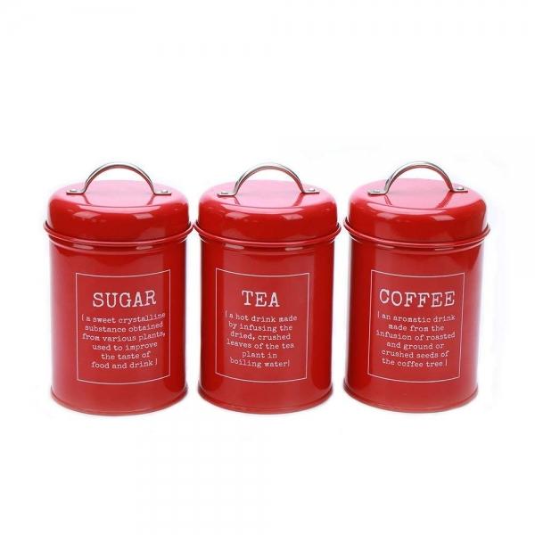 1 Set of 3 Metal Food Storage Tin Coffee Tea Sugar Canister Jar with Lid Red