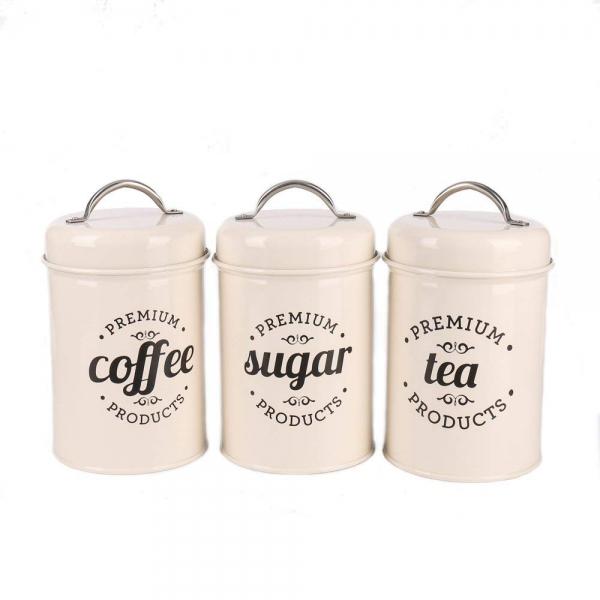 1 Set of 3 Metal Food Storage Tin Coffee Tea Sugar Canister Jar with Lid White