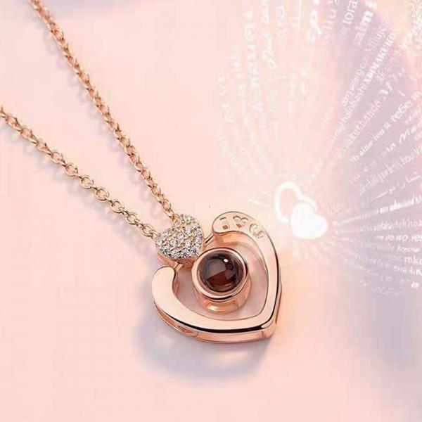 100 Languages I love You Projection Heart Pendant Necklace - Golden