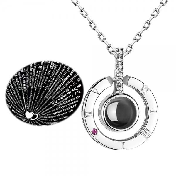 100 Languages I love You Projection Pendant Necklace Round - Silver