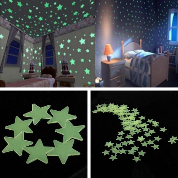 100pcs 3cm 3D PP Plastic Fluorescent Glow Star Wall Stickers Yellow