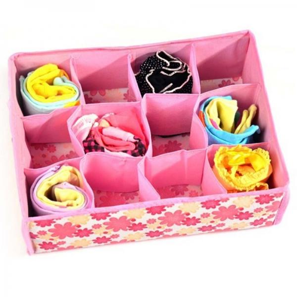 12-Compartment Non-Woven Fabric Storage Box Folding Case for Bra Socks Underwear Pink