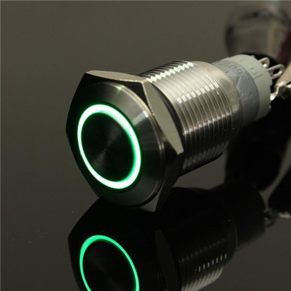 12V 16mm Angel Eye Metal Illuminated LED Push Button Switch Car Dash Green Light