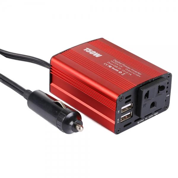 150W Car Power Inverter Charger DC 12V to 220V AC Converter with 3.1A Dual USB Charger - EU Plug Red