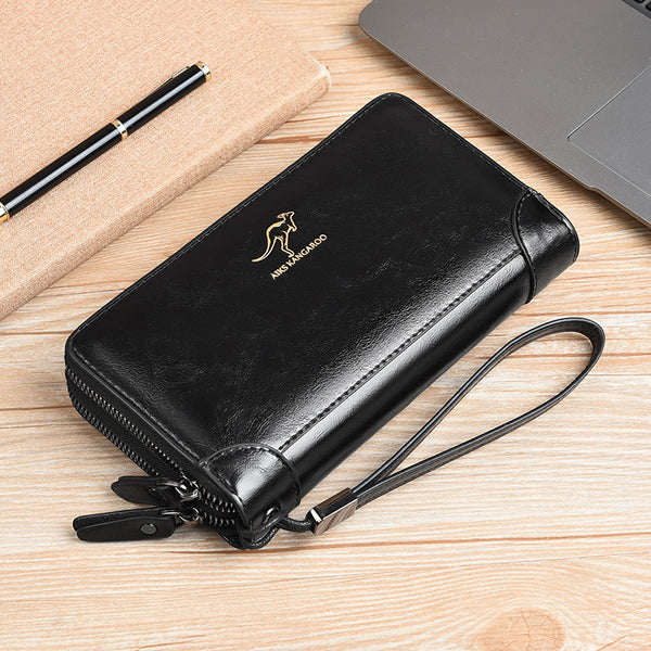 Men's RFID Blocking PU Leather Long Wallet Large Capacity Double Pack Mobile Phone Business Credit Card Holder Wallet Anti-Degaussing Anti-Theft Brush