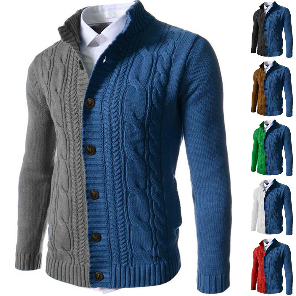 New Men's Color Contrast Stand Collar Knitted Sweater Cardigan Fashion Coat