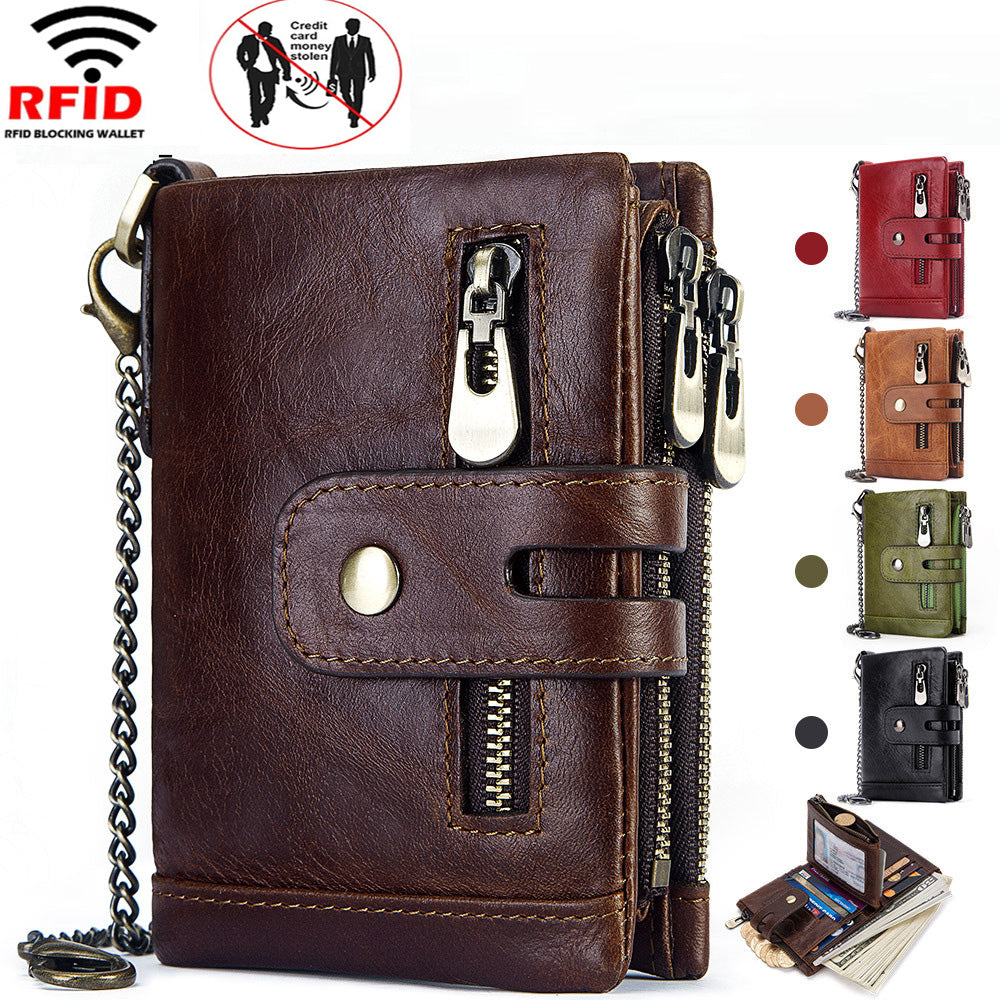 Cowhide Leather Men's Wallet RFID Anti-Theft Brush Luxury Design Bi-Fold Large Capacity Multifunctional Retro Wallet With anti-theft chain
