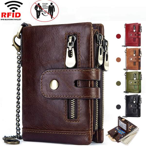 Cowhide Leather Men's Wallet RFID Anti-Theft Brush Luxury Design Bi-Fold Large Capacity Multifunctional Retro Wallet With anti-theft chain