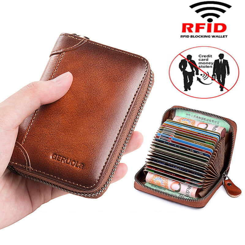 Retro High-end Leather Wallet RFID Anti-theft Accordion Zipper Multi-card Slot Large-capacity Wallet