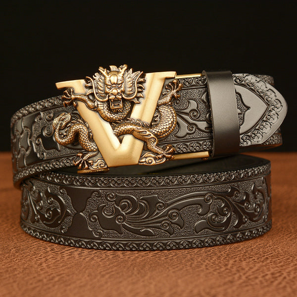Men Cowhide Belt Luxury Brand Fashion Men's Leather Vintage Dragon Figure Copper Buckle Noble Male Waistband