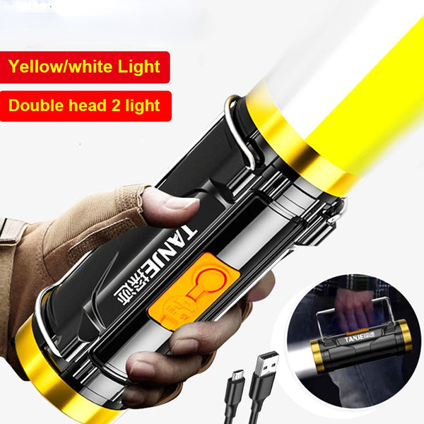 Newest Yellow And White Dual Light Source Flashlight Lanterna Outdoor USB rechargeable Led Spotlight Portable Searchlight 100000LM