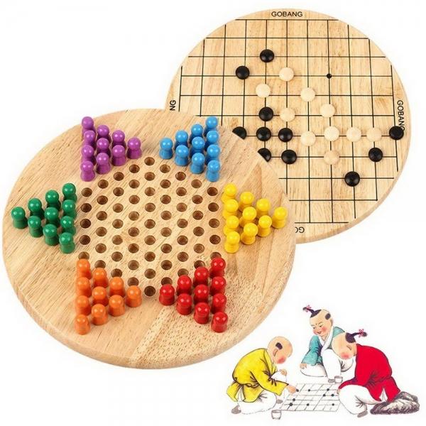 2 in 1 Chinese Checkers (Halma) & Gobang (Five in a Row) Wooden Board Game Intellectual Game for Family Educational Gift for  Children