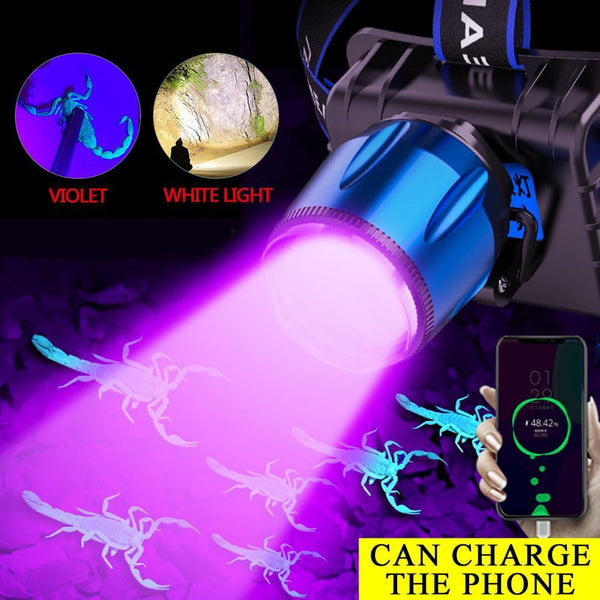 60000lumens T6 2 in 1 UV/White Light LED Headlight Waterproof with 2PCS 18650 Rechargeable Battery