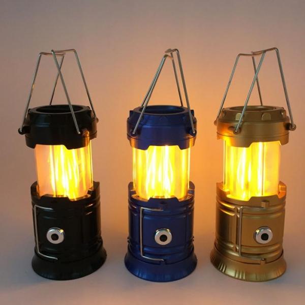 2 in1 Two Light Color Battery Powered Retractable Handheld Hanging Flame Lantern Camping Light - Golden