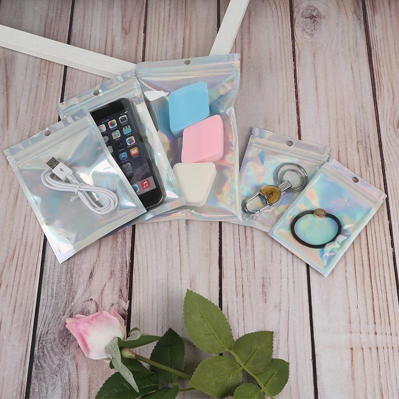 50Pcs Iridescent Zip Lock Bags Cosmetic Plastic Laser Iridescent Bags Makeup Bags Laser Mini Aluminum Foil Zip Lock Bags