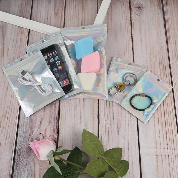 50Pcs Iridescent Zip Lock Bags Cosmetic Plastic Laser Iridescent Bags Makeup Bags Laser Mini Aluminum Foil Zip Lock Bags