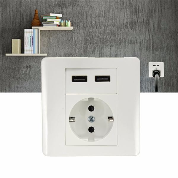 2.1A Dual USB Ports Wall Plate Charger Adapter EU Plug Wall Socket Power Outlet Panel White
