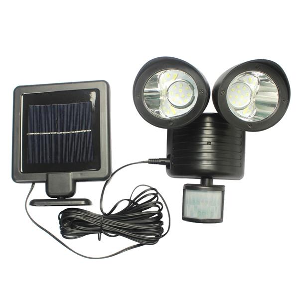 22 LED Solar Powered Double Head Motion Sensor White Light Wall Lamp Outdoor Security Flood Light - Black Shell
