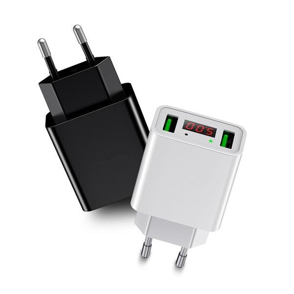2.2A Dual Ports LED Display EU Plug Fast Charger - Black