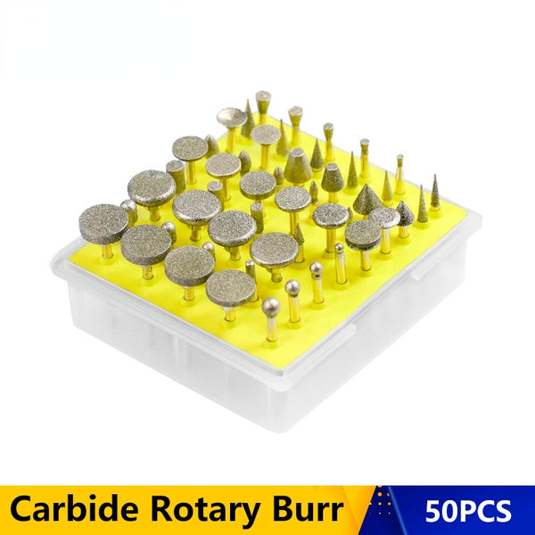 50pcs Diamond Grinding Heads Set 3.0mm  Shank Grinding Burrs For Dremel Abrasive Rotary Tools Grinder Head Diamond Burr Set