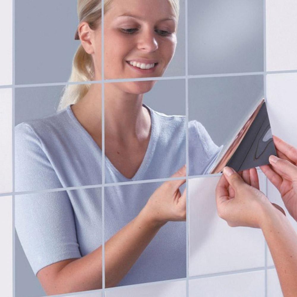 16Pcs Mirror Stickers Self-adhesive Square Mirror Sticker Wall Paper DIY 3D Wall Decal Living Room Bathroom Decoration