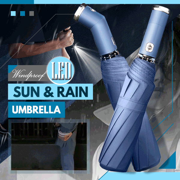 Windproof LED Sun Umbrella Adjustable Rotating LED Flashlight Umbrella Fully Automatic Three Folding Umbrella