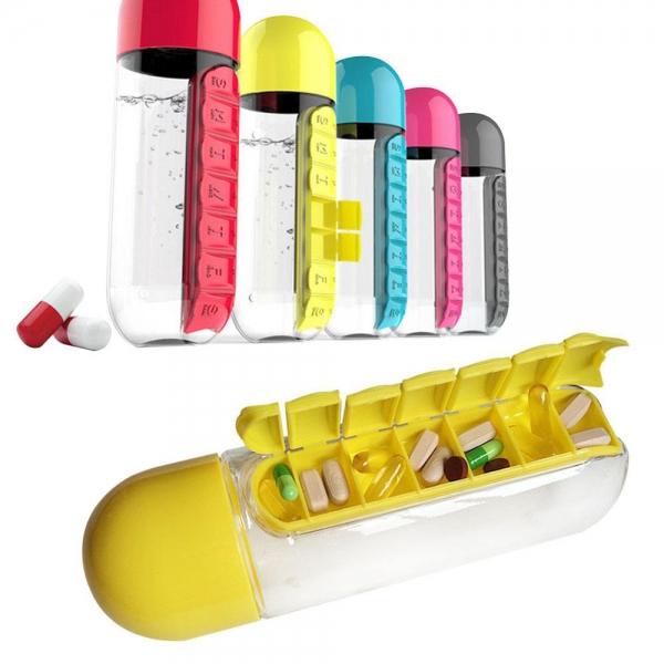 2-in-1 Creative Portable Water Bottle with Weekly Seven Compartments for Pills Yellow