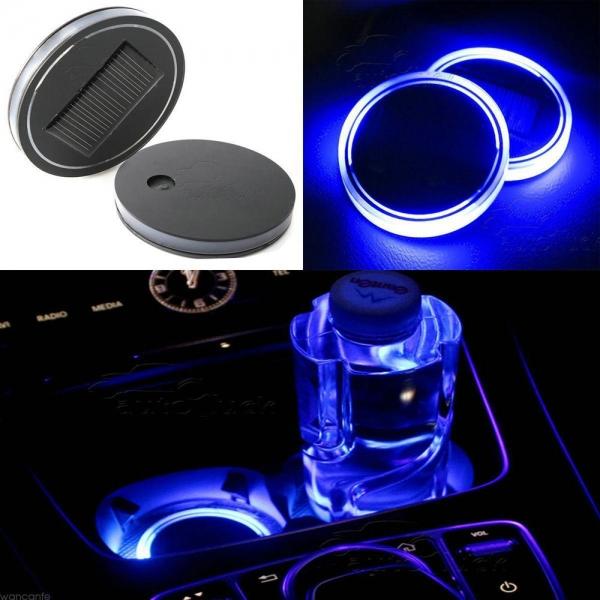 2pcs Solar Energy Car Truck Cup Holder Bottom Pad LED Light Cover Mouldings Trim Blue Light