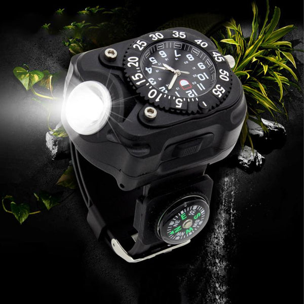 3 in1 Super Bright LED Watch Flashlight Waterproof Torch lights Compass Outdoor Sports Rechargeable Mens Wrist Watch