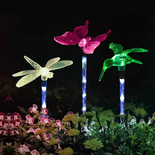 3 Pack Solar Powered Garden Stake Light Chameleon Multi-color Changing Butterfly Hummingbird Dragonfly LED Decorative Lights