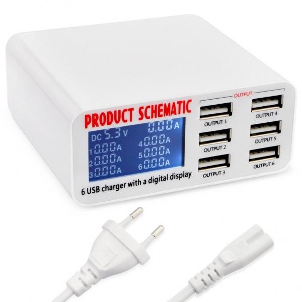 30W 6A 6 USB Ports Auto Detect LCD Screen Fast Charger White EU Plug