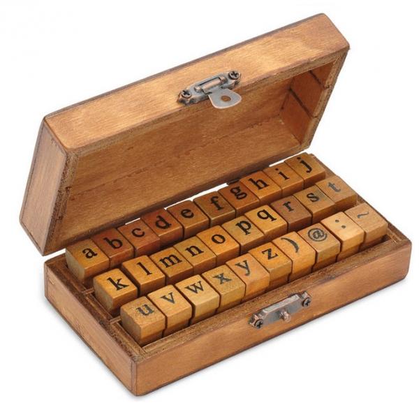 30pcs Retro Alphabet Lowercase Wooden Rubber Stamp Set w/ Wooden Case