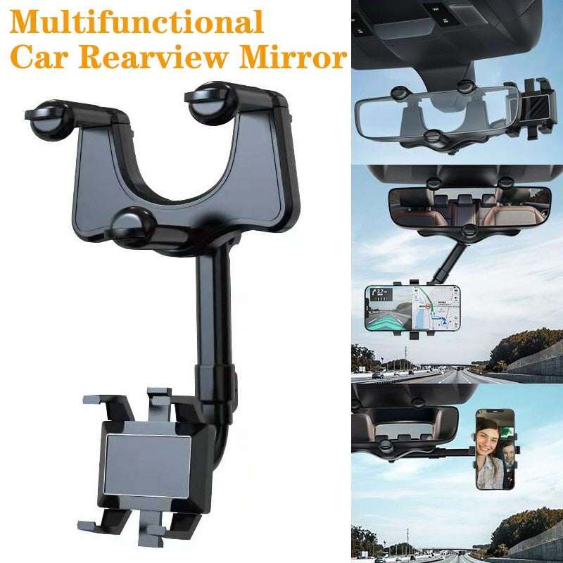 360° Rearview Mirror Phone Holder for Car Mount Phone and GPS Holder Universal Rotating Adjustable Telescopic Car Phone Holder
