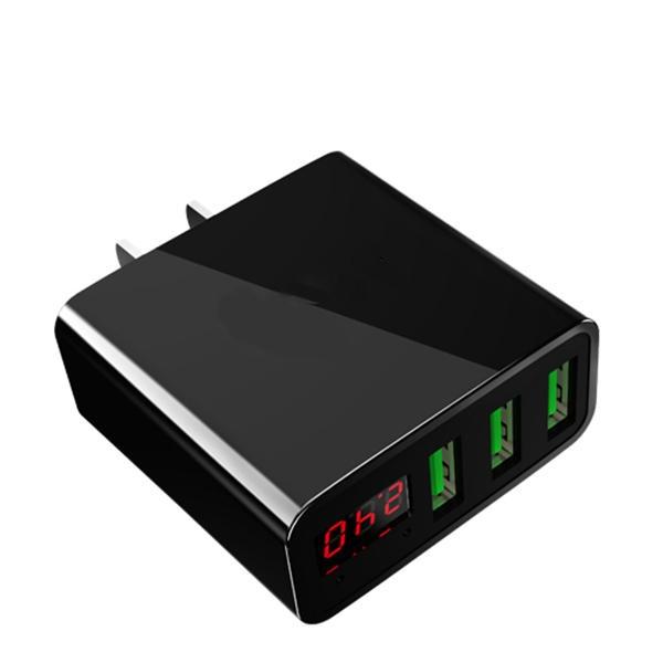 3A 3 USB Ports LED Display US Plug Travel Wall Charger - Black