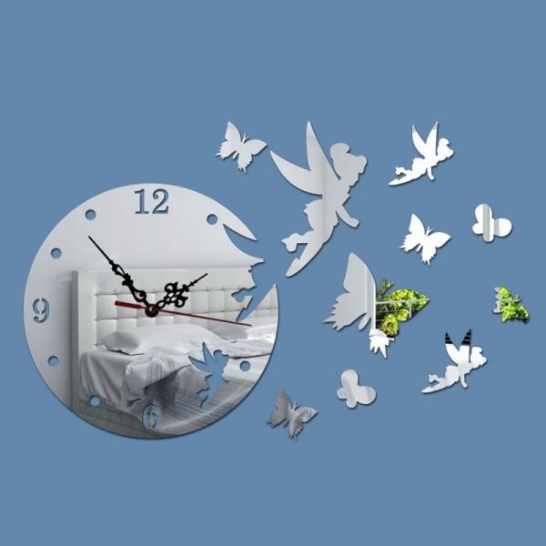 3D DIY Angel Butterfly Pattern Acrylic Mirror Wall Clock Sticker Home Decoration Silver