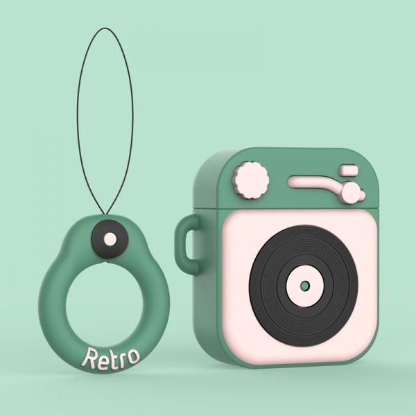 3D Phonograph Cartoon Pattern Gramophone AirPods Case Protective Silicone Funny Case Funny Cute Kawaii Shockproof Cover Compatible with Apple Airpods 1/2 - Light Green