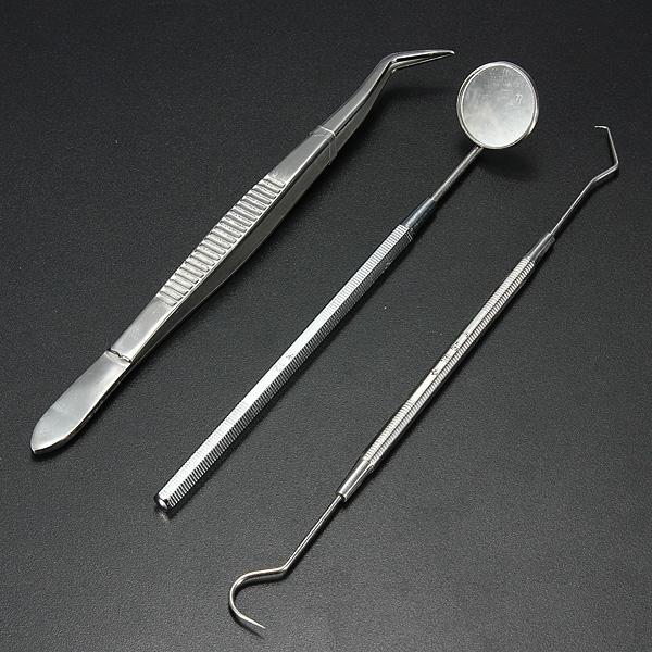 3-Piece Stainless Steel Dental Instruments Mouth Mirror Probe Plier Kit Silver - stringsmall