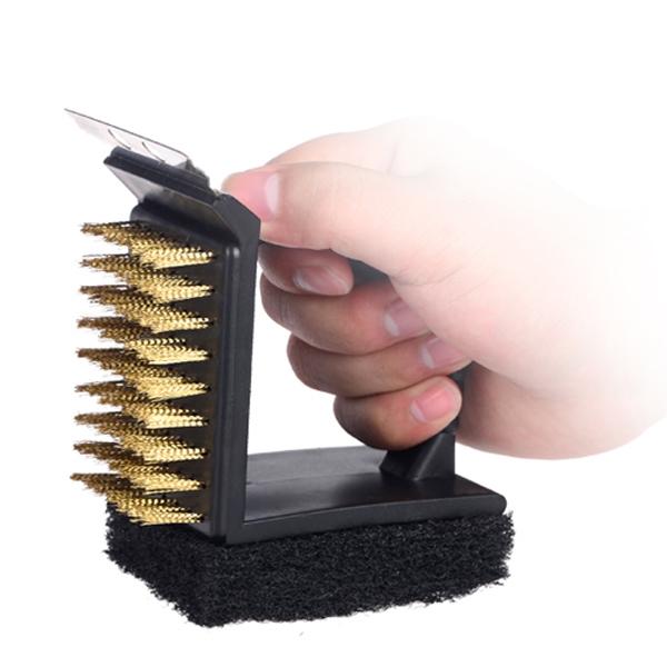 3-in-1 Barbecue Grill Cleaning Brush Cleaner BBQ Sponge Wire Brush Black