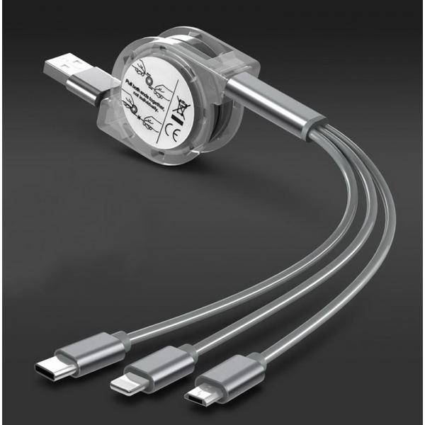 3-in-1 Retractable Multiple Micro USB Apple Lightning Type-C Fast Charging Cable for iPhone iPad Samsung LG HTC Android Phones - Grey
