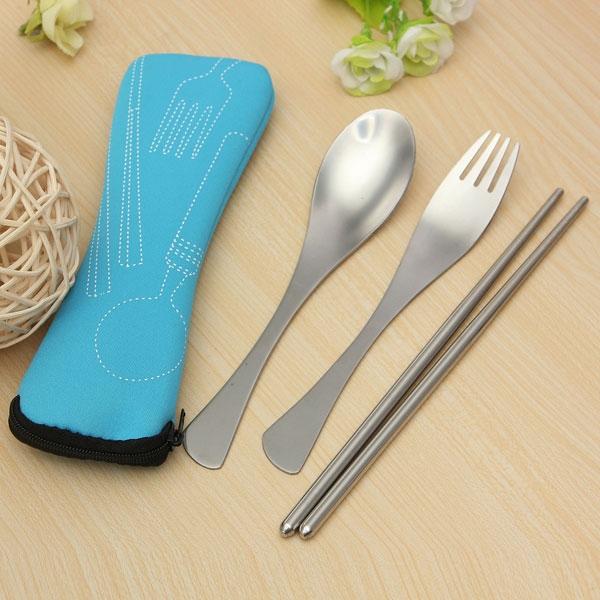 3-in-1 Camping Picnic Spoon Fork Chopsticks Cutlery Set - Light Blue