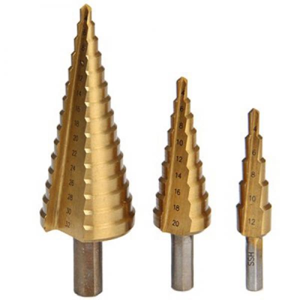 3pcs Hex Shank Titanium Coated HSS Step Drill Bit Set Metric 4-12/4-20/4-32mm