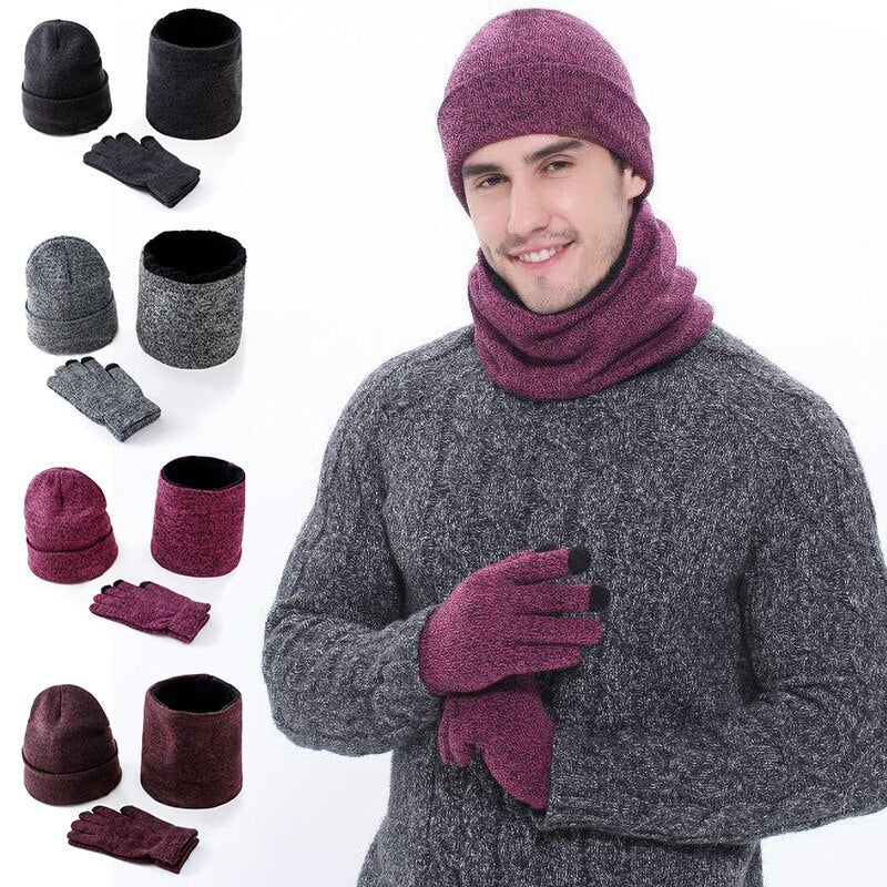 3pcs/Set Mens Knitted Hat Gloves Scarf Set Xmas Winter Warming Hat Full Cover Glove Warming Thicken For Men Boys Hand Head Neck