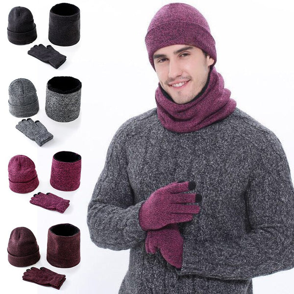 3pcs/Set Mens Knitted Hat Gloves Scarf Set Xmas Winter Warming Hat Full Cover Glove Warming Thicken For Men Boys Hand Head Neck