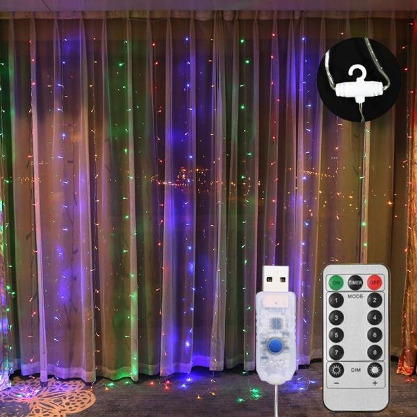 3x3m 300LED USB Powered 8 Modes Remote Control Waterproof Window Curtain String Lights with Hooks for Home Outdoor Wedding Holiday Party Xmas Bedroom - Multicolor