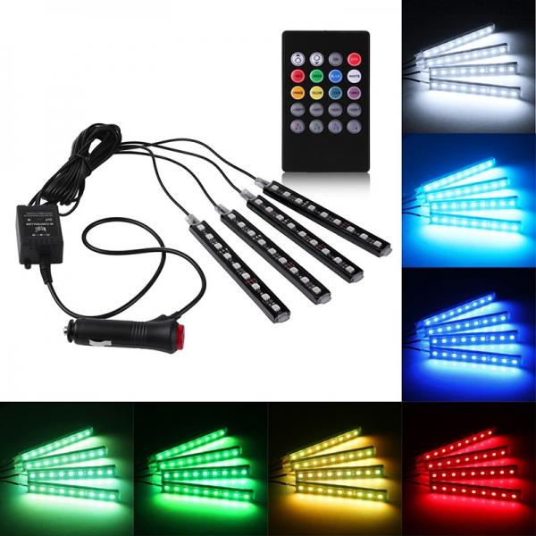 4 In 1 Sound Activated 9LED Remote Control Car Auto Interior Light Strip RGB