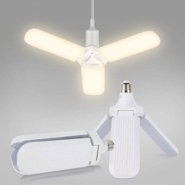 45W 110V-265V 3000K Warm White Super Bright E27 Foldable LED Garage Light Three-Leaf Fan Blade LED Light Bulb for Home Garage Workshop Basement Porch Backyard Garden